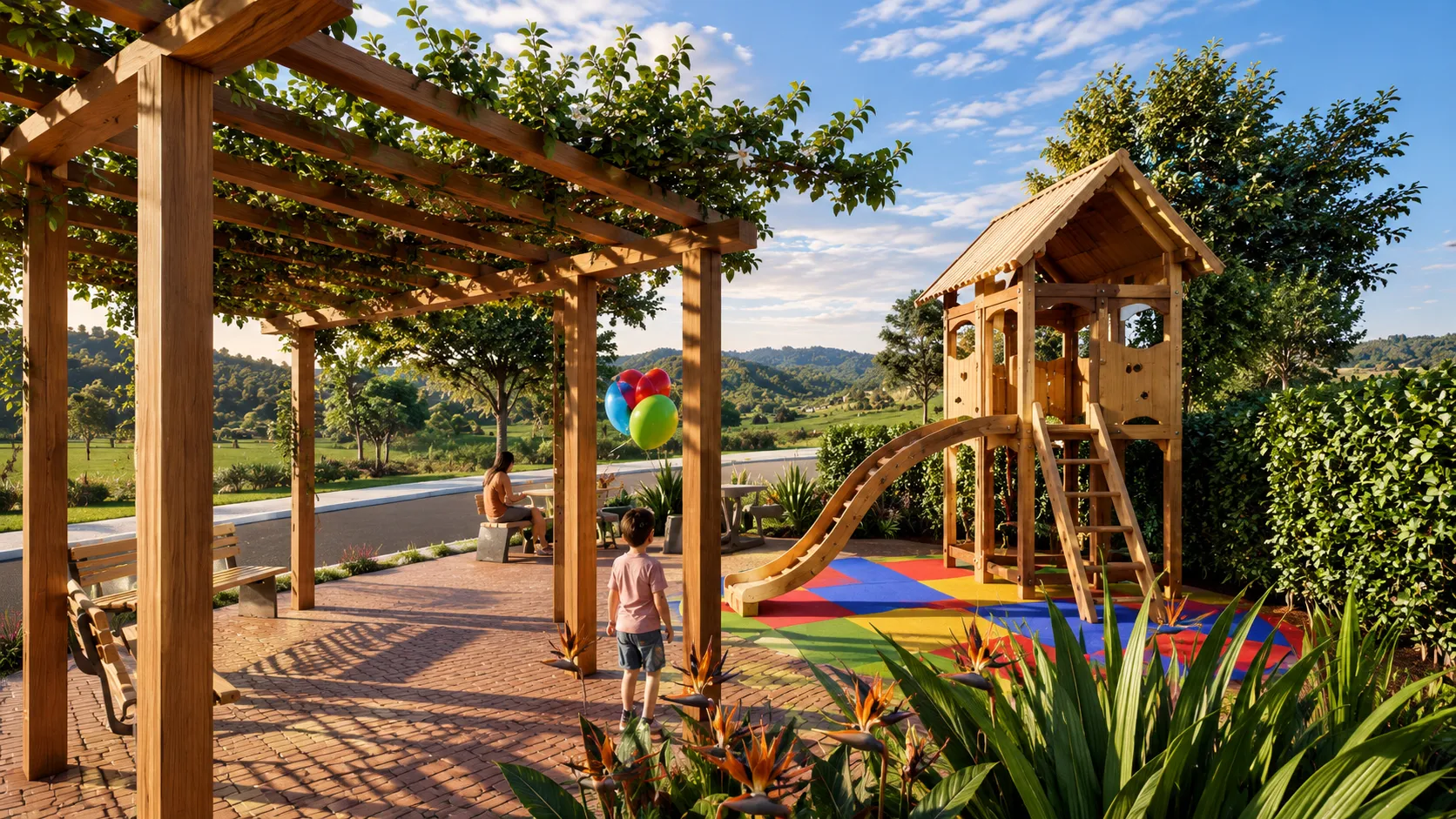 Playground com escorregador, piso colorido e pergolado de madeira