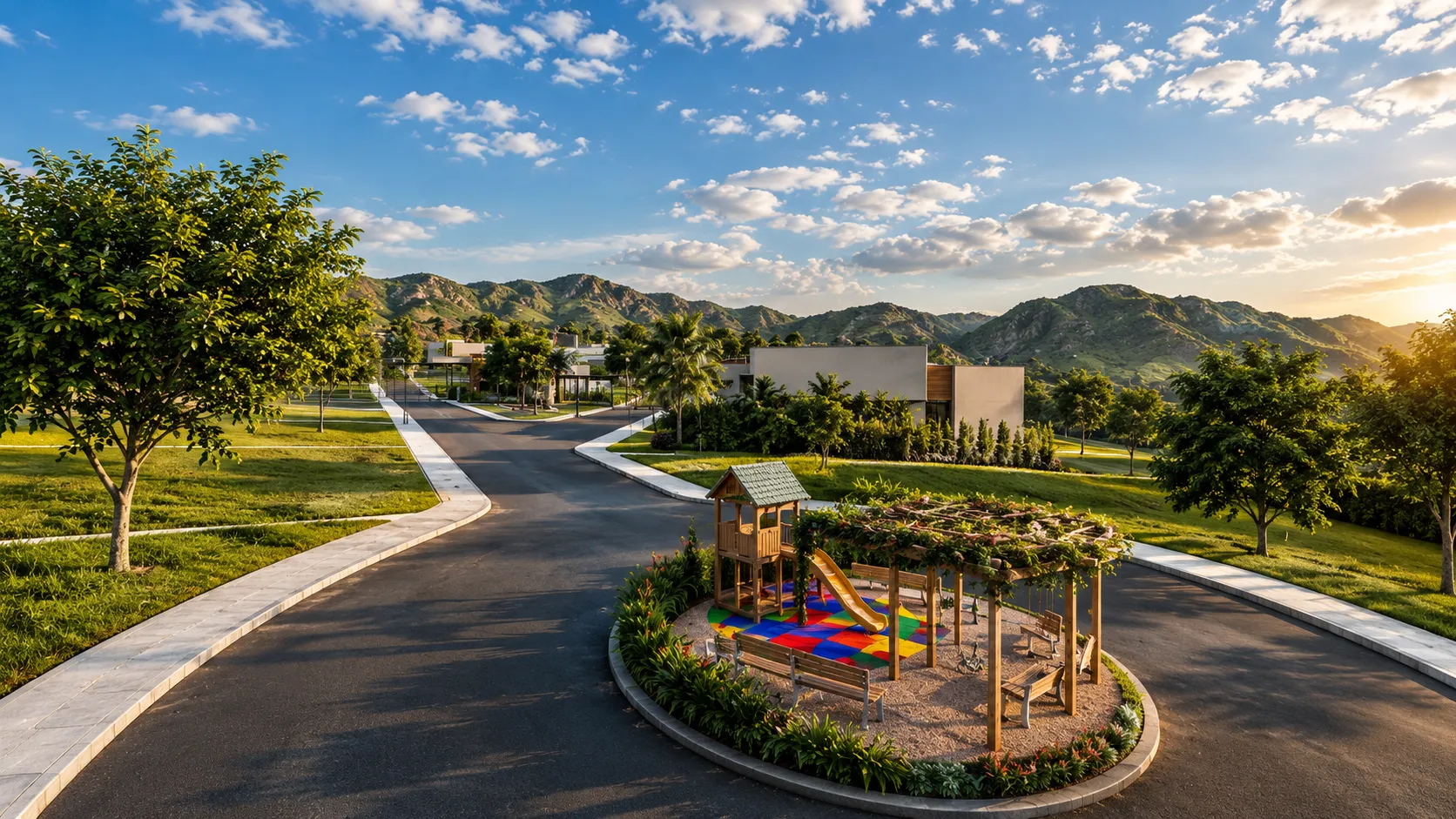Praça na rotatória com playground, pergolado e bancos