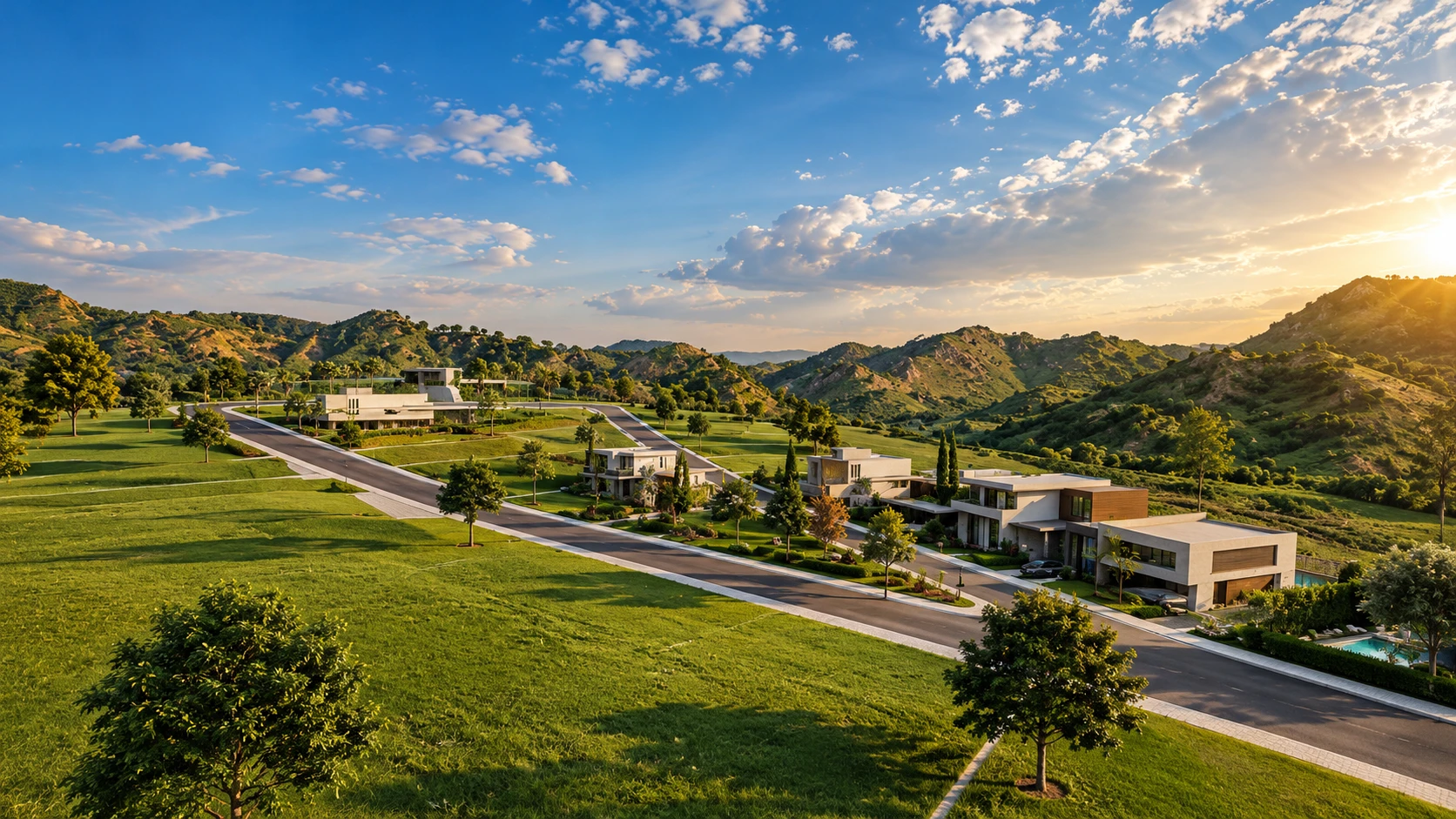 Vista do condomínio com ruas pavimentadas, casas modernas e a serra ao pôr do sol